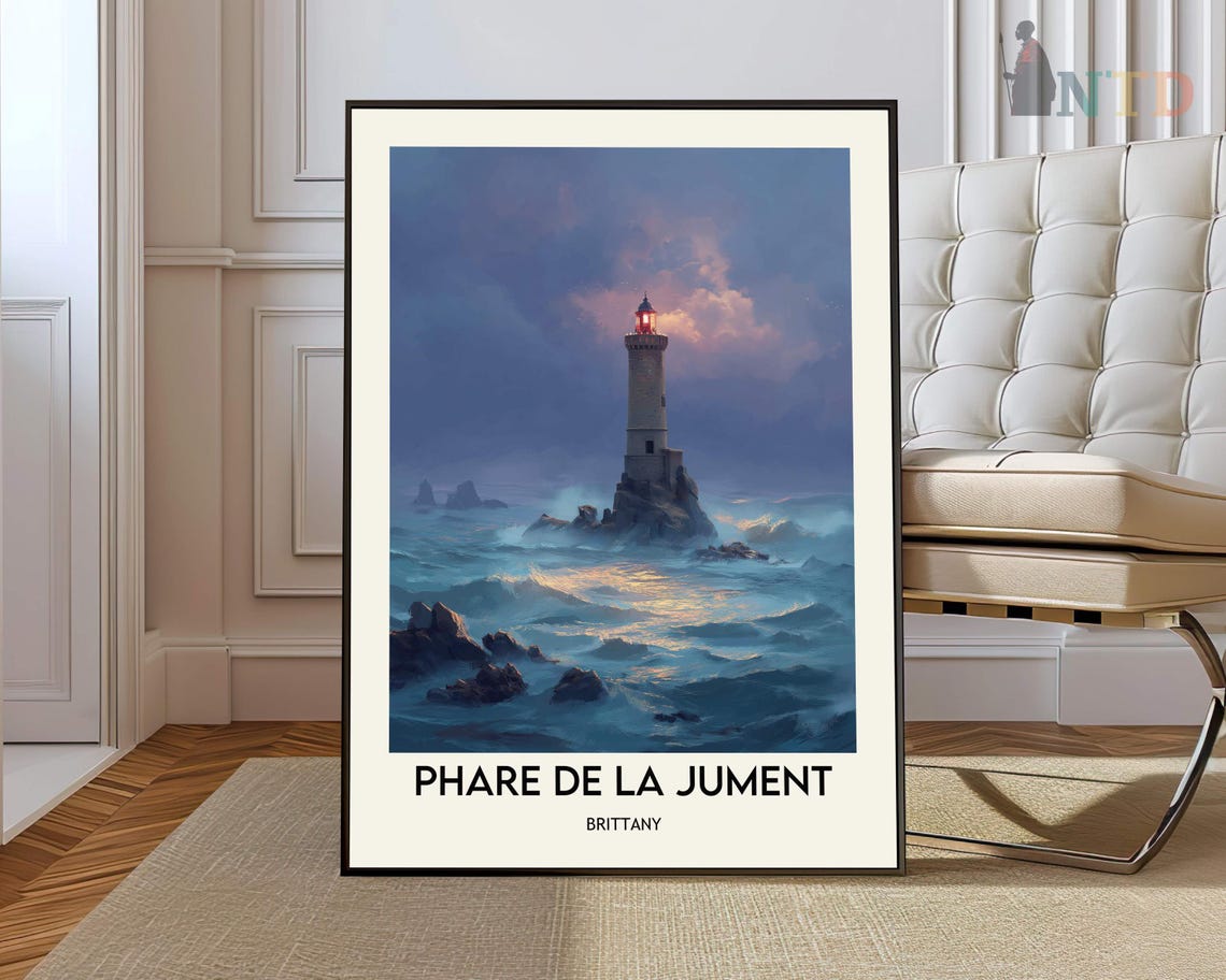 Phare De La Jument Lighthouse Brittany Stormy Sea Travel Poster