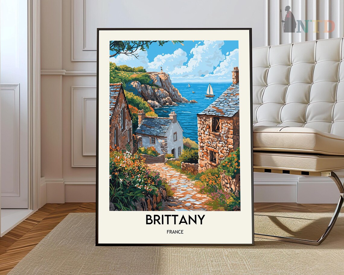 Brittany France Coastal Village Stone Cottages Seaside Travel Poster