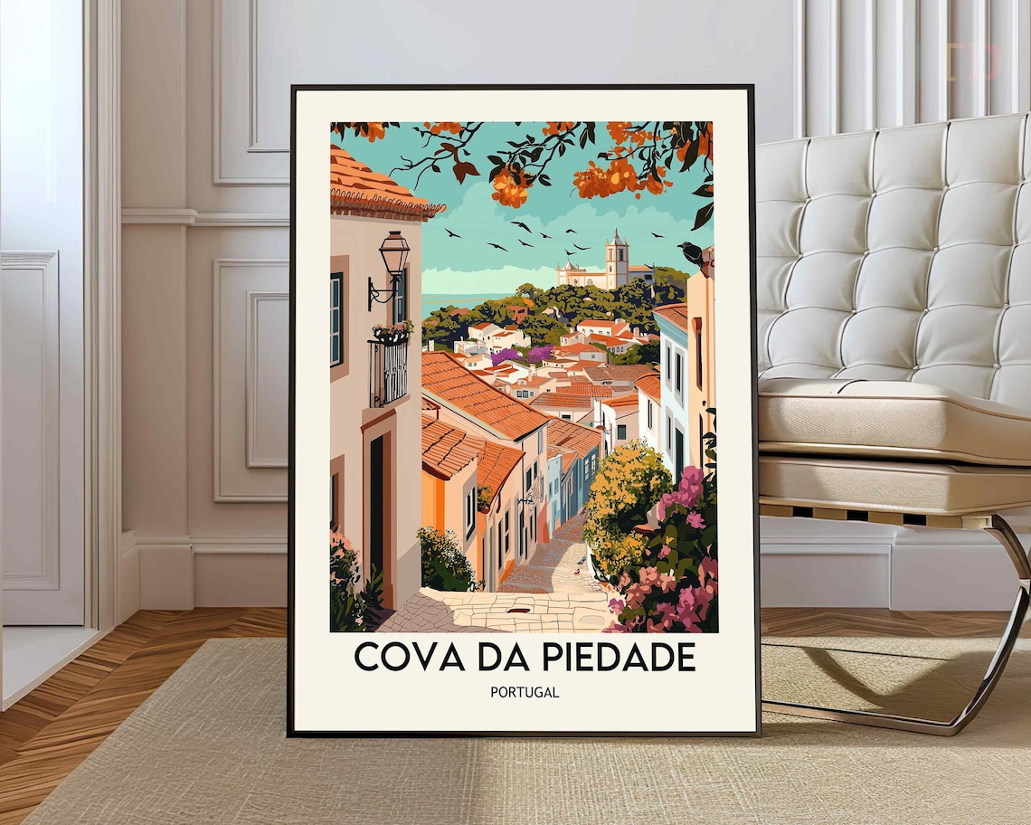 Cova da Piedade Portugal Retro Hillside Street Travel Poster