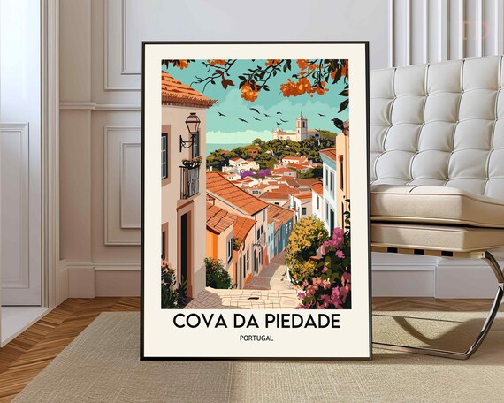 Cova da Piedade Portugal Retro Hillside Street Travel Poster