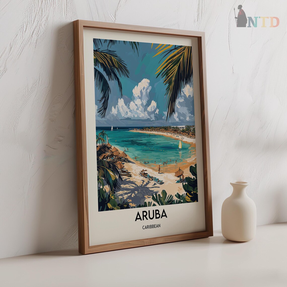 Aruba Caribbean Curved Bay Beach Palm Trees Tropical Travel Poster - Image 2