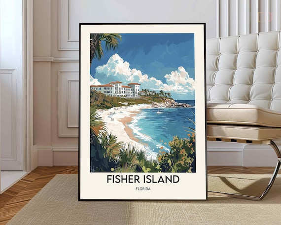 Fisher Island Florida Tropical Beach Resort Vintage Seaside Travel Poster
