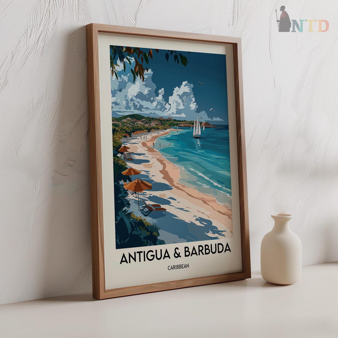 Antigua and Barbuda Orange Umbrellas Beach Bay Caribbean Poster - Image 2