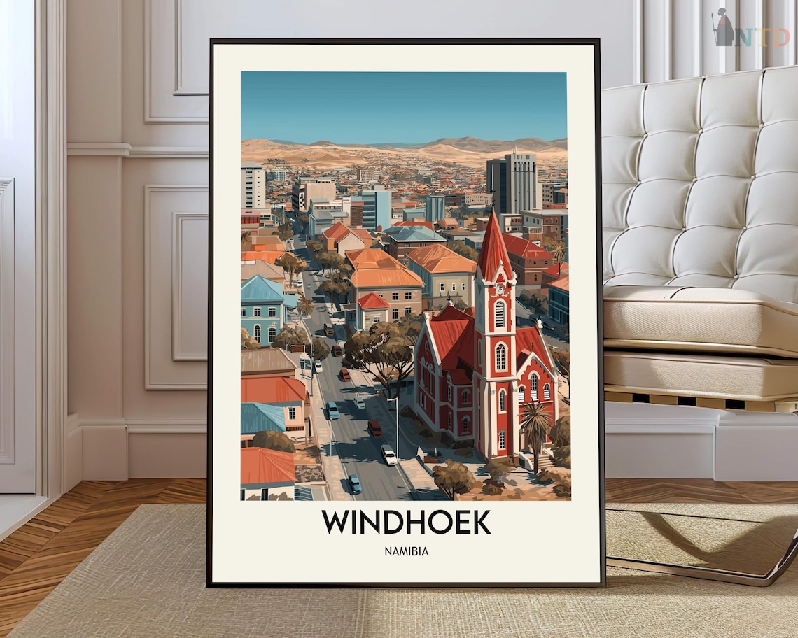 Windhoek Namibia Illustrated City Street Christ Church Travel Poster