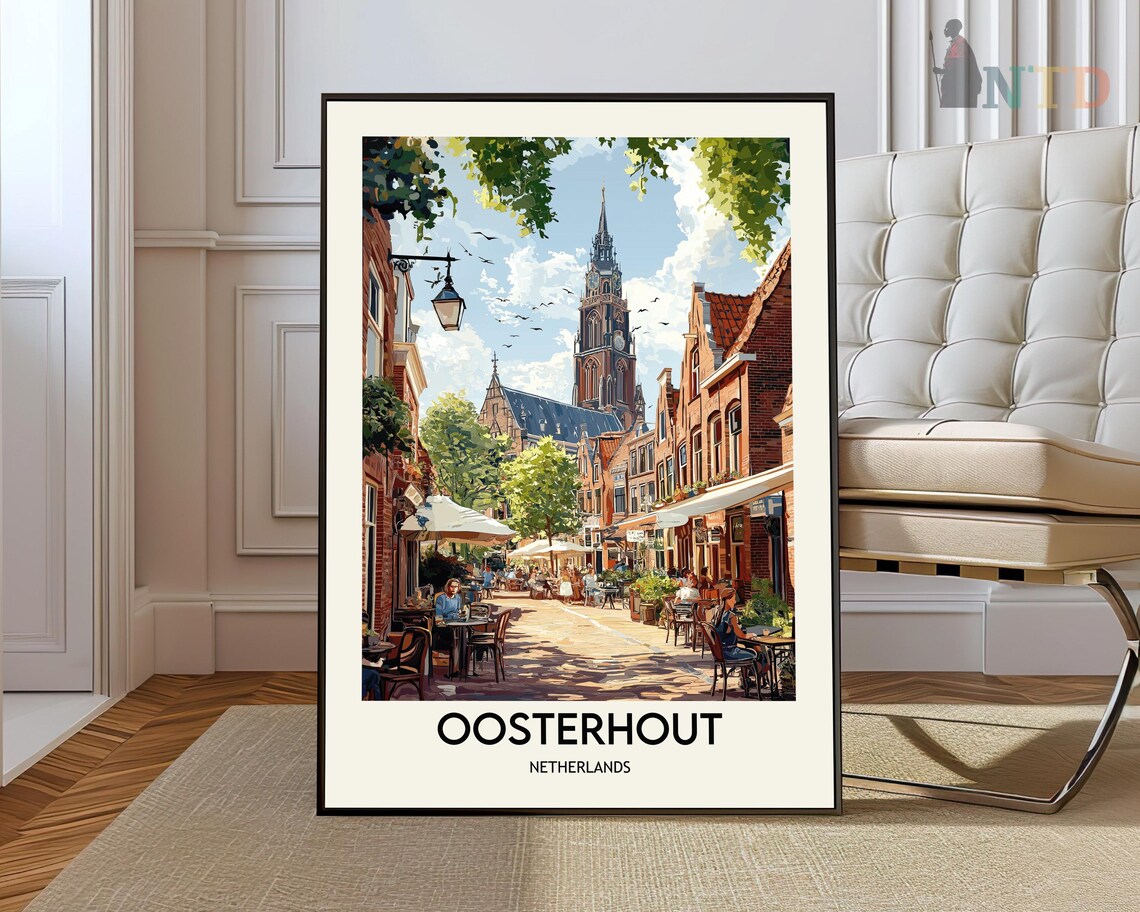 Oosterhout Netherlands Church Tower Cafe Street Vintage Travel Poster
