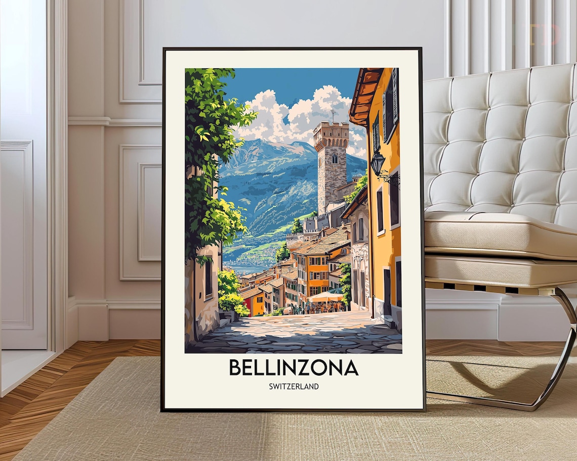 Bellinzona Switzerland Travel Poster Old Town Street Castle View Art