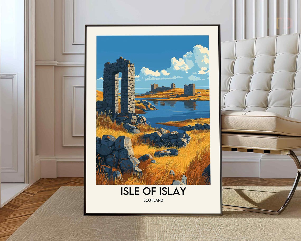 Isle of Islay Scotland Travel Poster with Ancient Stone Ruins Art