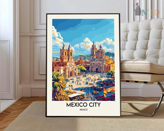 Mexico City Historic Center Cathedral Square Crowd Travel Poster