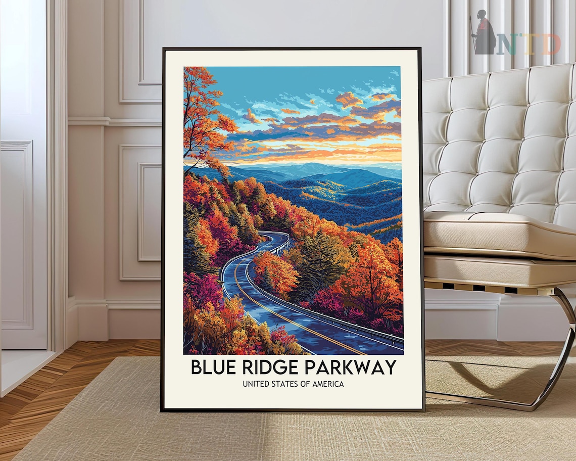 Blue Ridge Parkway Autumn Foliage Sunset Drive Retro Travel Poster