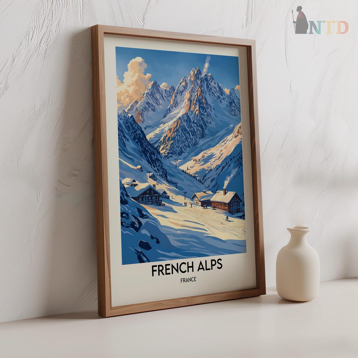 French Alps Winter Ski Village Snow Peaks Vintage Travel Poster - Image 2
