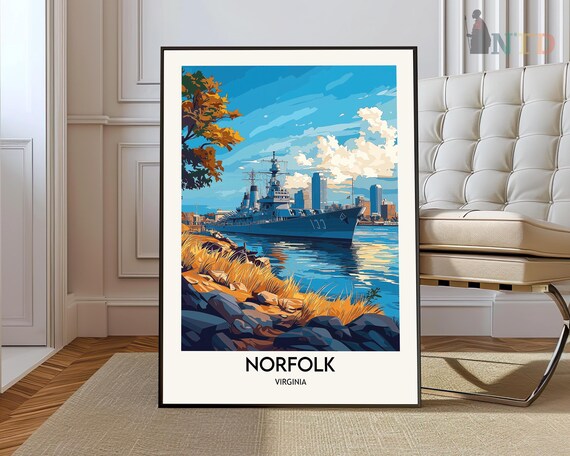 Norfolk Virginia Battleship Harbor Skyline Riverside Travel Poster