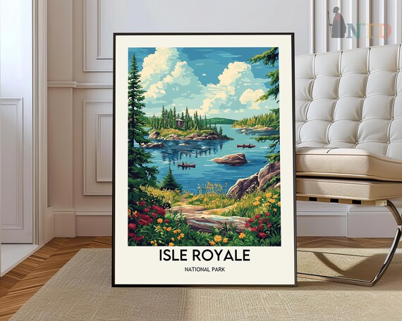 Isle Royale National Park Canoes Lake Pines Summer Travel Poster
