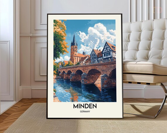 Minden Germany Old Stone Bridge Riverside Vintage Travel Art Poster