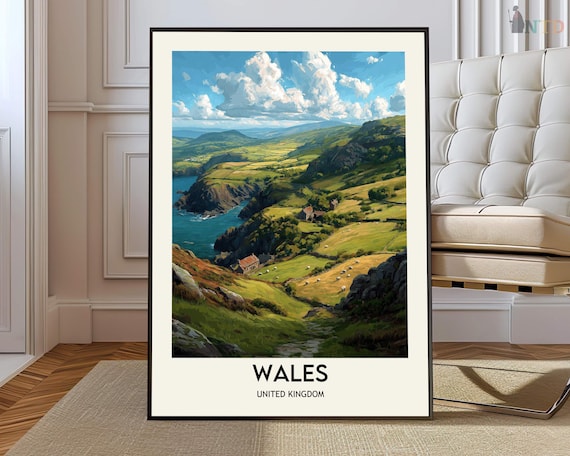 Wales United Kingdom Coastal Valley Cottages Illustrated Travel Poster
