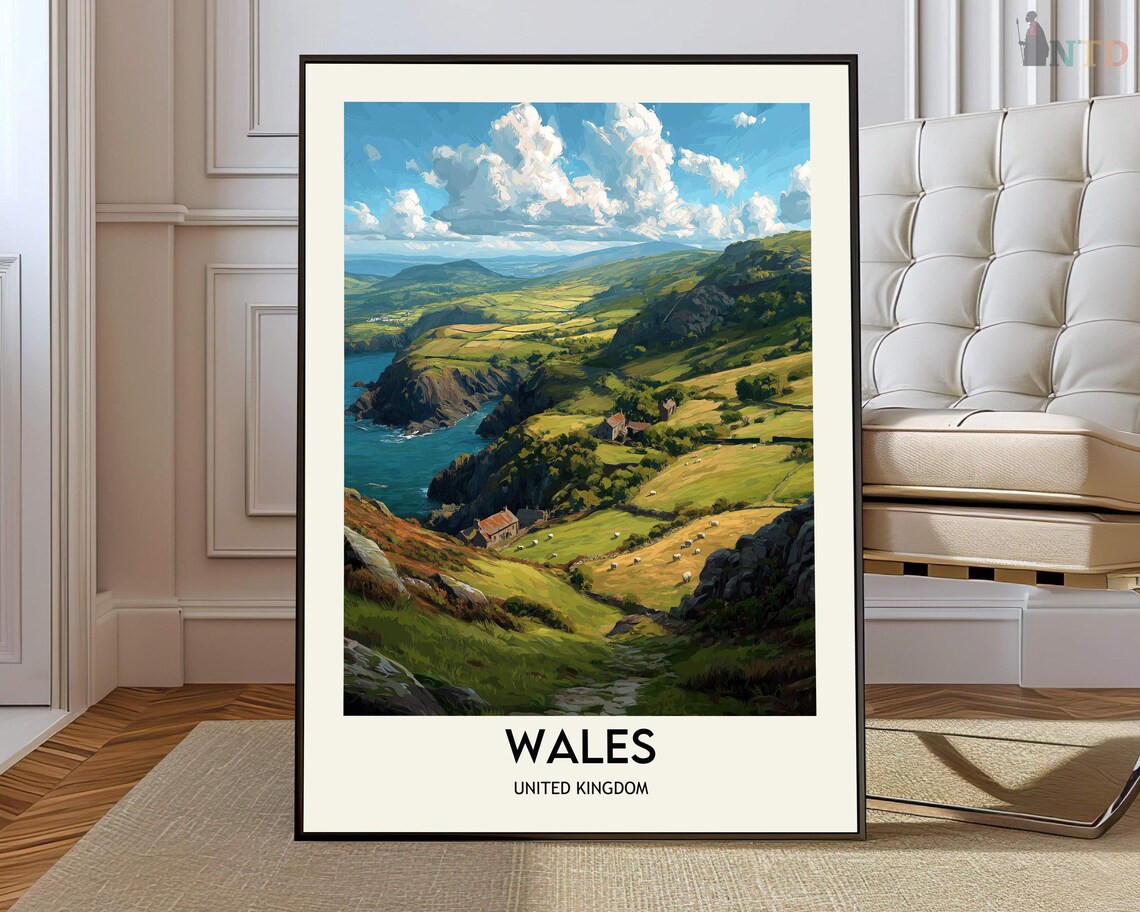 Wales United Kingdom Coastal Valley Cottages Illustrated Travel Poster