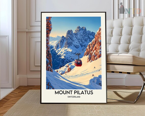 Mount Pilatus Switzerland Snowy Slopes Red Cable Car Ski Poster