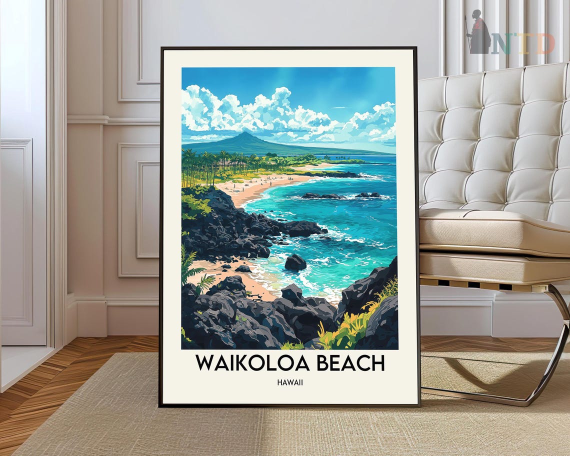 Waikoloa Beach Hawaii Travel Poster Volcanic Coastline Ocean Scene Art
