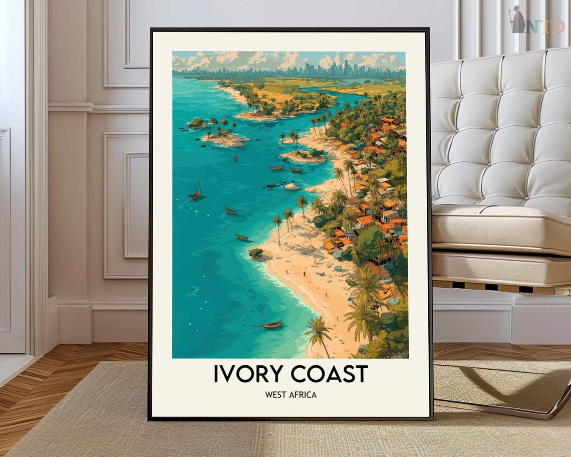 Ivory Coast West Africa Beach Lagoon Illustrated Travel Poster