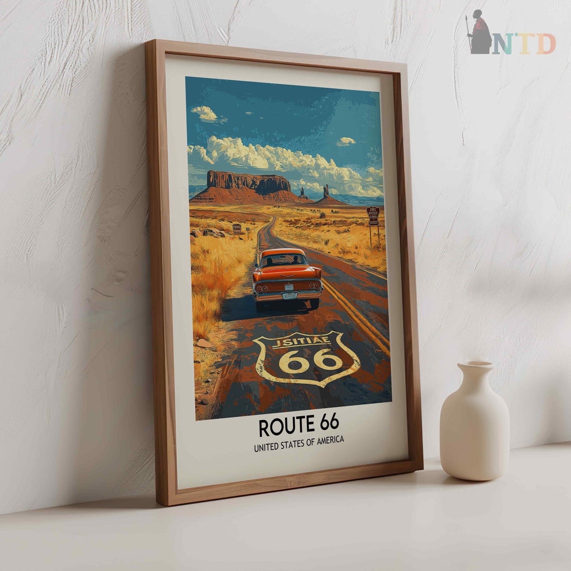 Route 66 Classic Red Car Desert Highway Americana Road Trip Poster - Image 2