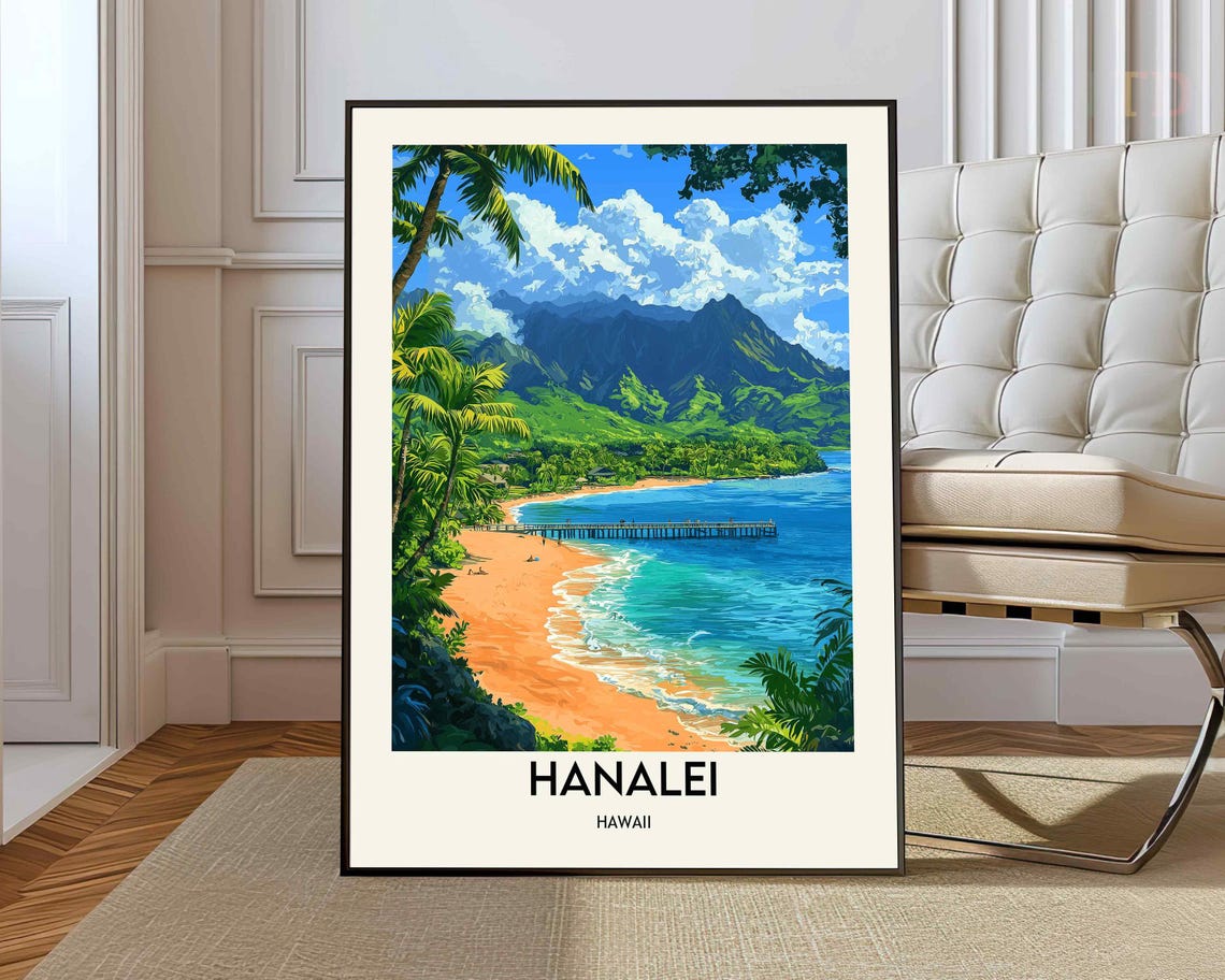 Hanalei Hawaii Kauai Bay With Pier And Green Mountain Peaks Poster
