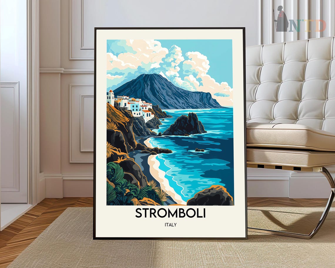 Stromboli Italy Volcano Coast Cliffside Village Travel Poster