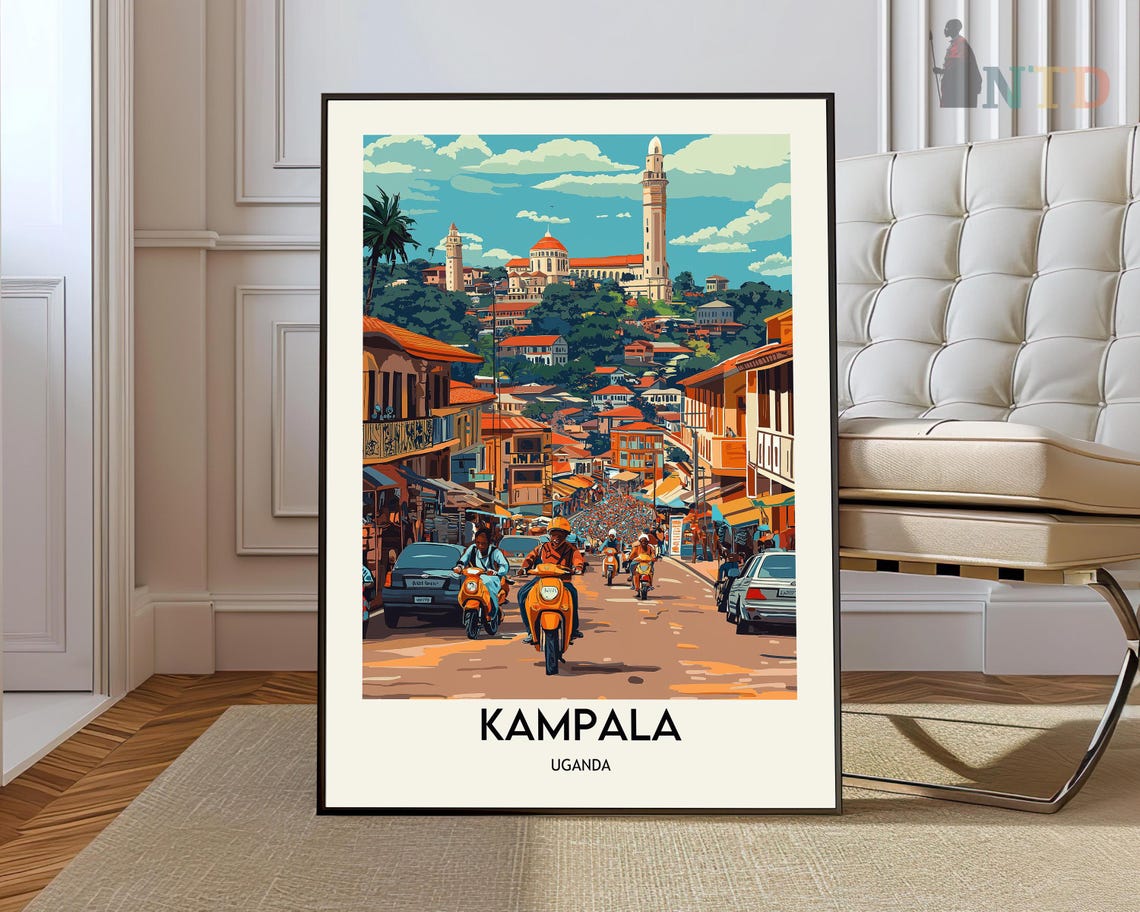 Kampala Uganda Bustling Street Motorcycles Retro Travel Poster