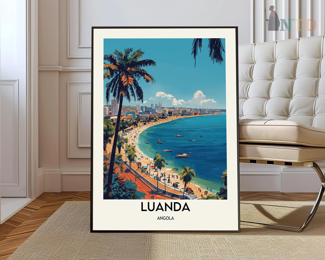 Luanda Angola Palm Beach City Coastline Aerial View Travel Poster
