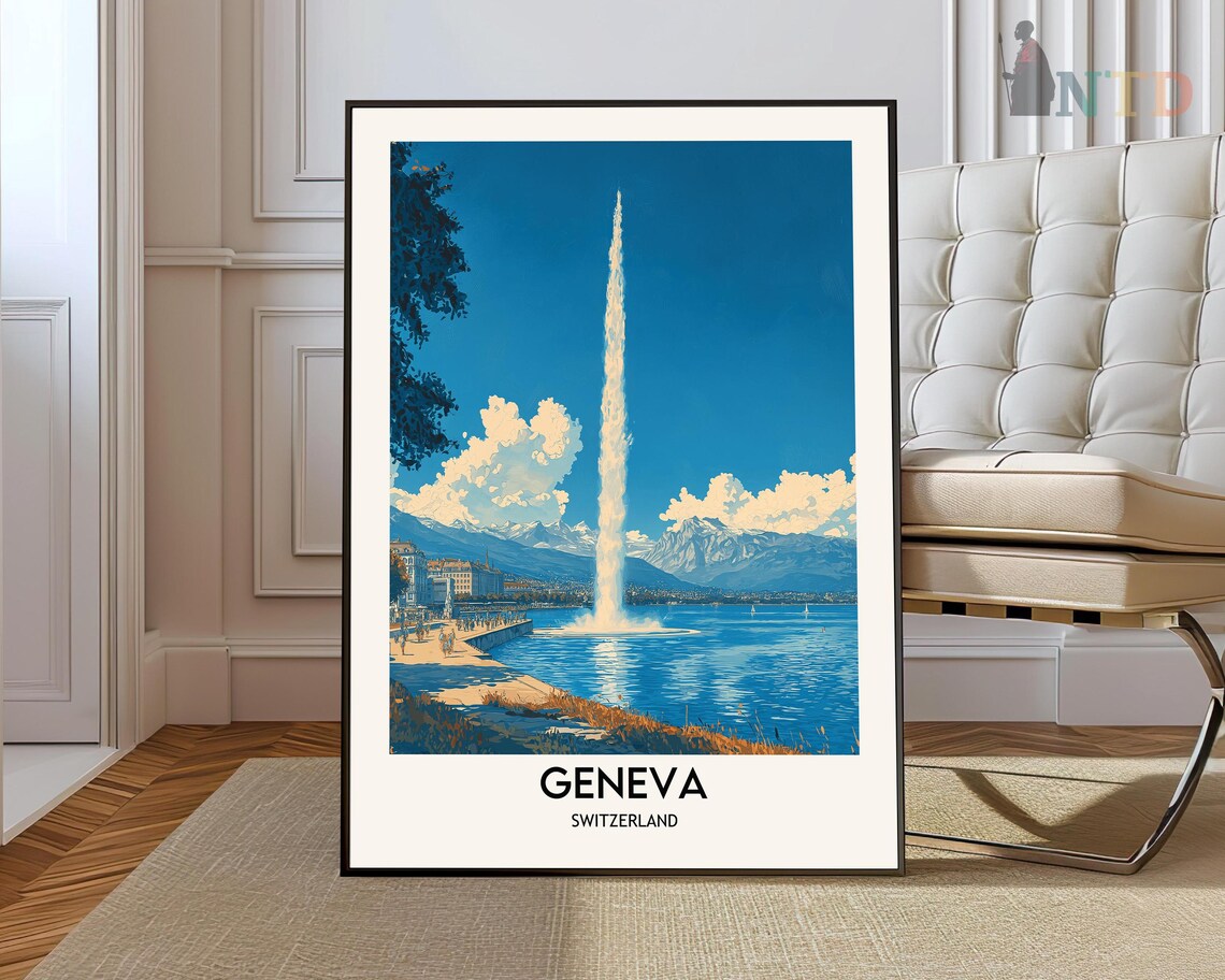 Geneva Sunset Over the Lake with the Jet dEau Fountain Spraying Poster