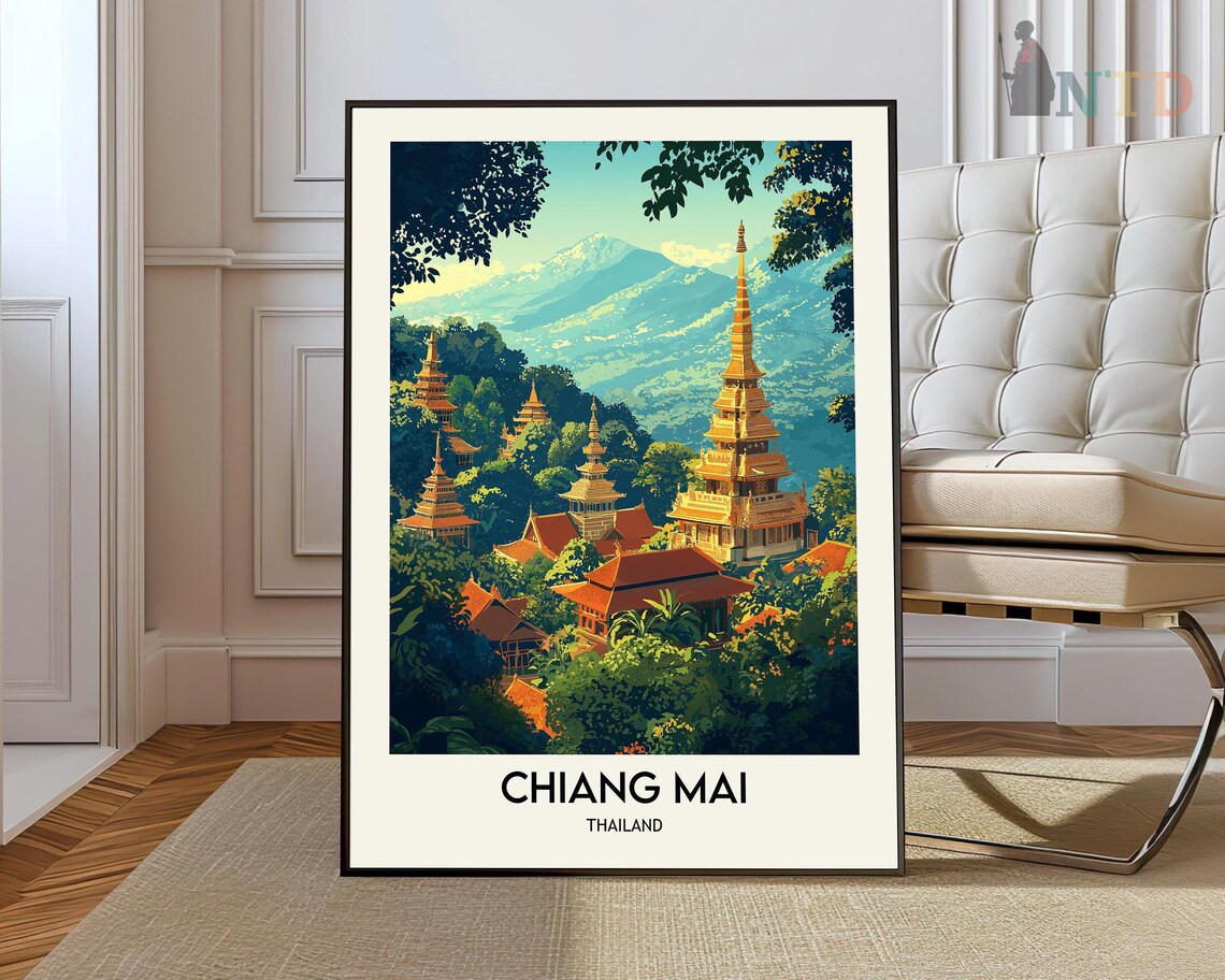 Chiang Mai Jungle Golden Pagodas Mountain Vintage Travel Poster