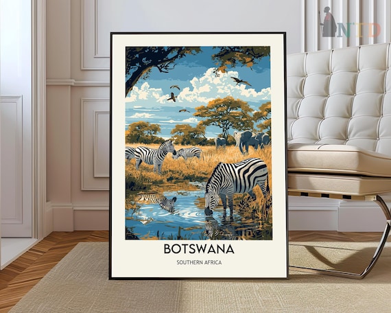 Botswana Southern Africa Zebras Waterhole Safari Travel Poster
