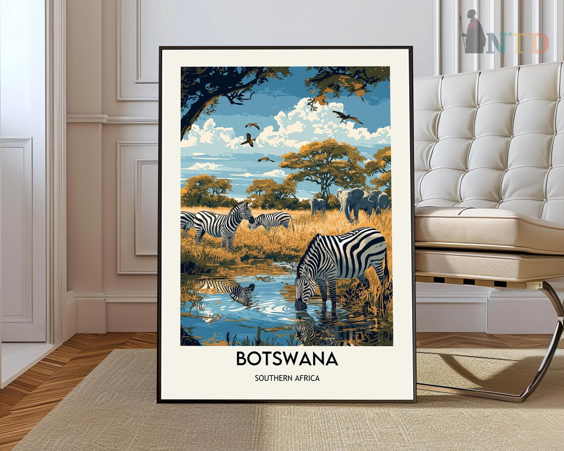 Botswana Southern Africa Zebras Waterhole Safari Travel Poster
