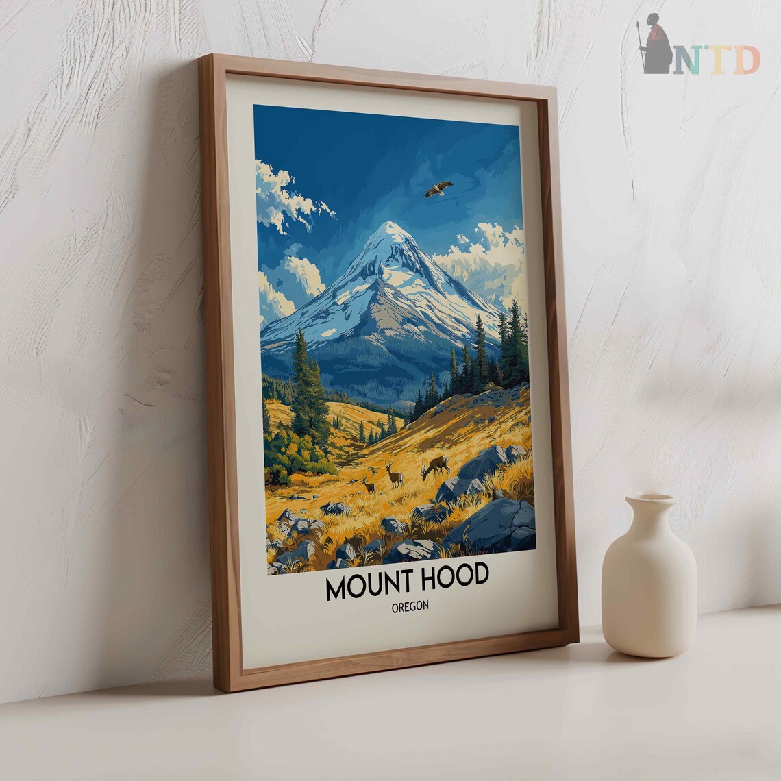 Mount Hood Oregon Snowy Volcano Deer Meadow Morning Wildlife Poster - Image 2