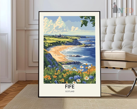 Fife Scotland Coastal Cliffs Beach Vintage Travel Style Poster