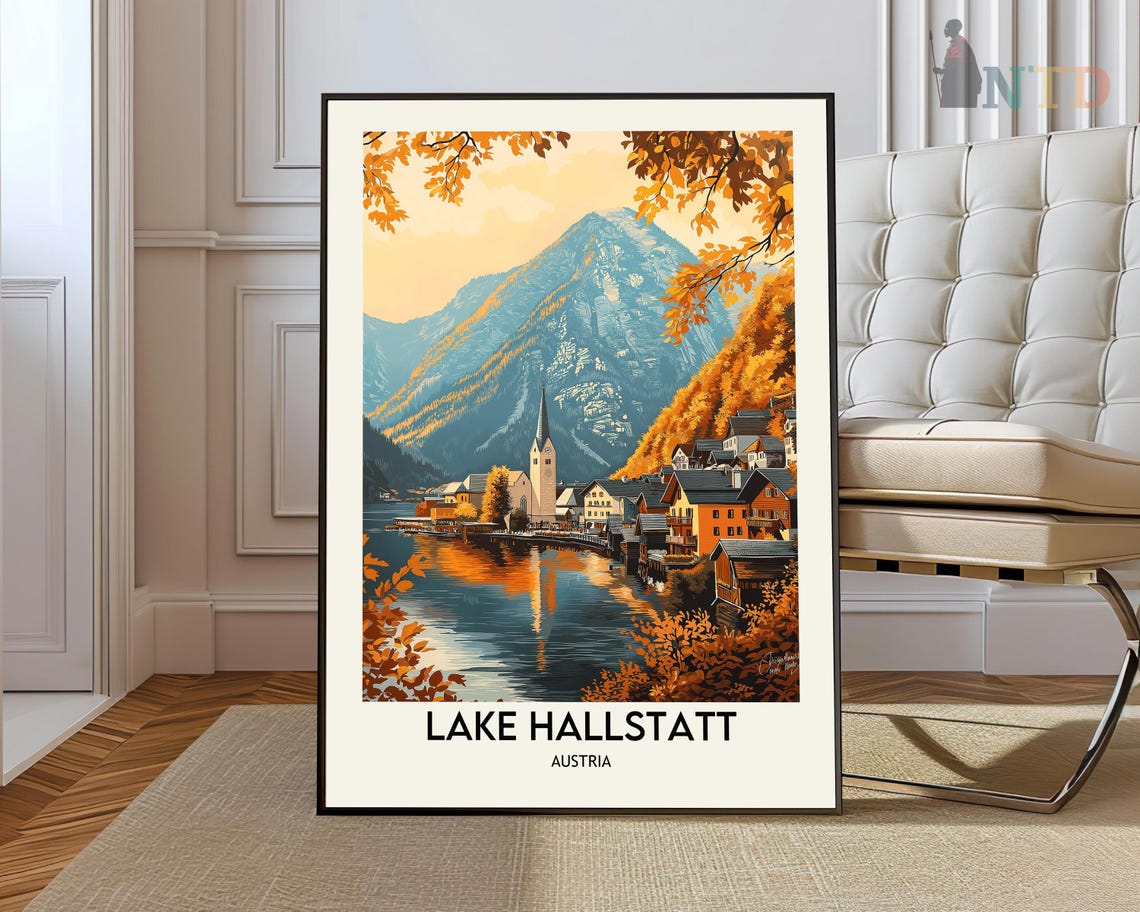 Lake Hallstatt Austria Autumn Village Lakeside Mountain Poster