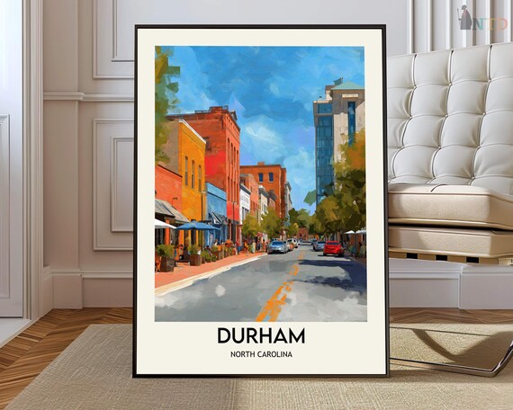Durham North Carolina Street Scene Travel Poster in Warm Painterly Style