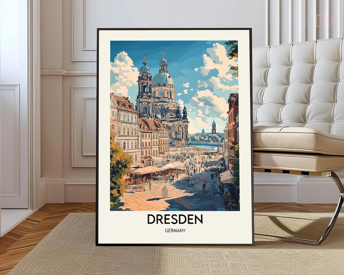 Dresden Riverside Domed Church And Old Town Square Travel Poster