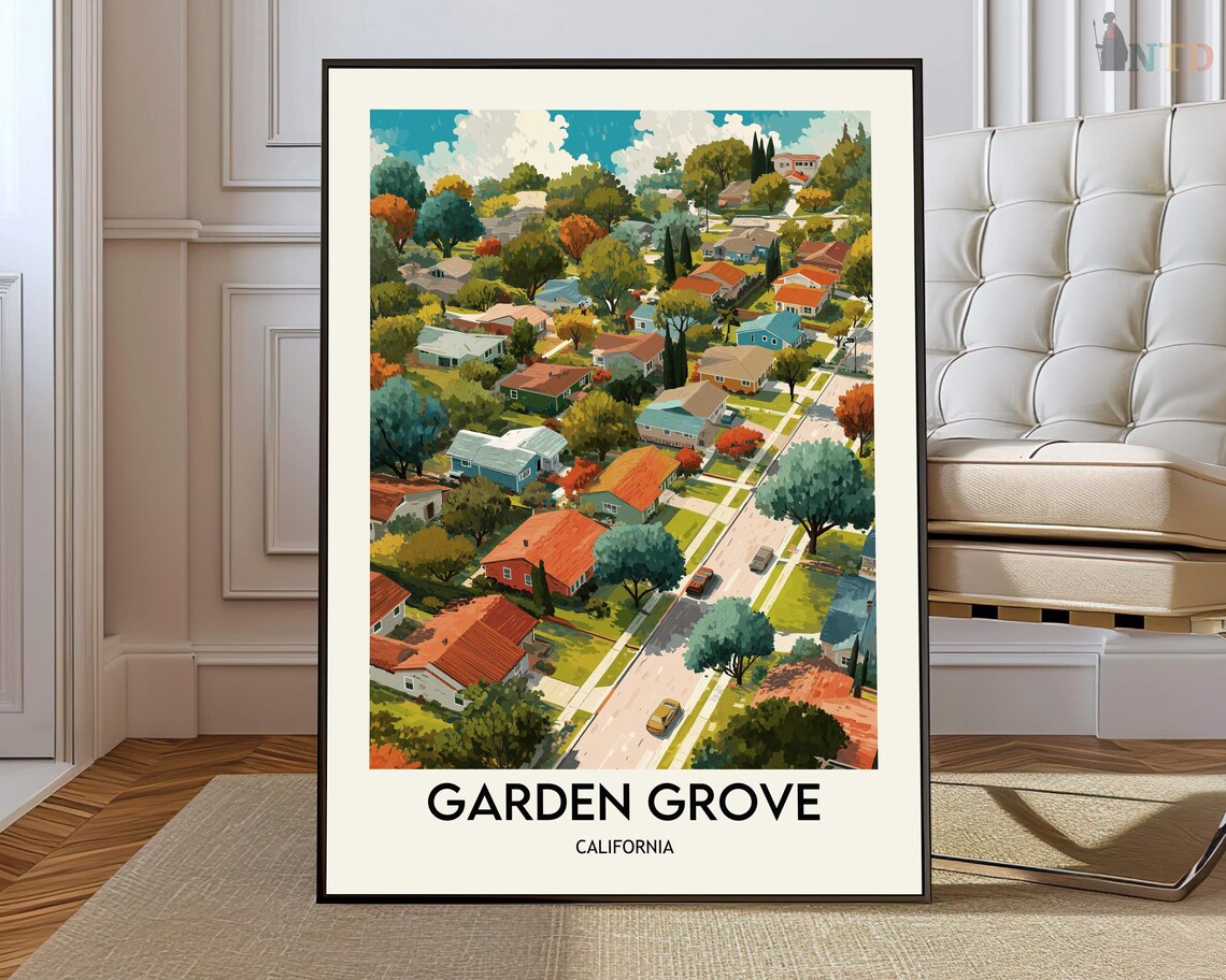 Garden Grove California Neighborhood Aerial Retro Travel Poster