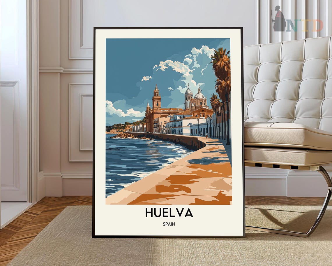 Huelva Spain Waterfront Promenade Cathedral Towers Retro Travel Poster