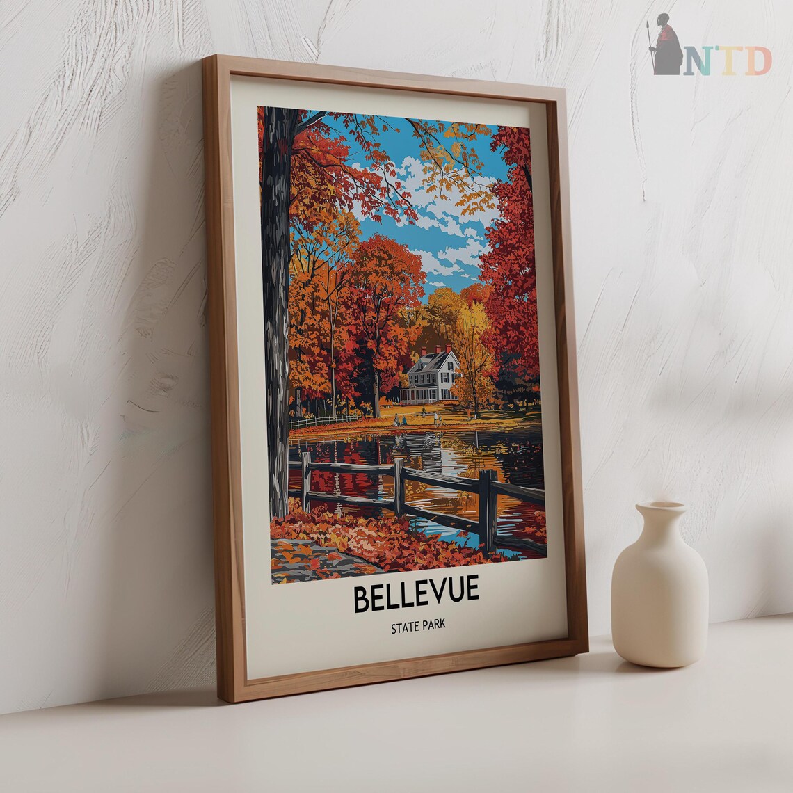 Bellevue State Park Fall Foliage Pond Fence Autumn Scene Travel Poster - Image 2