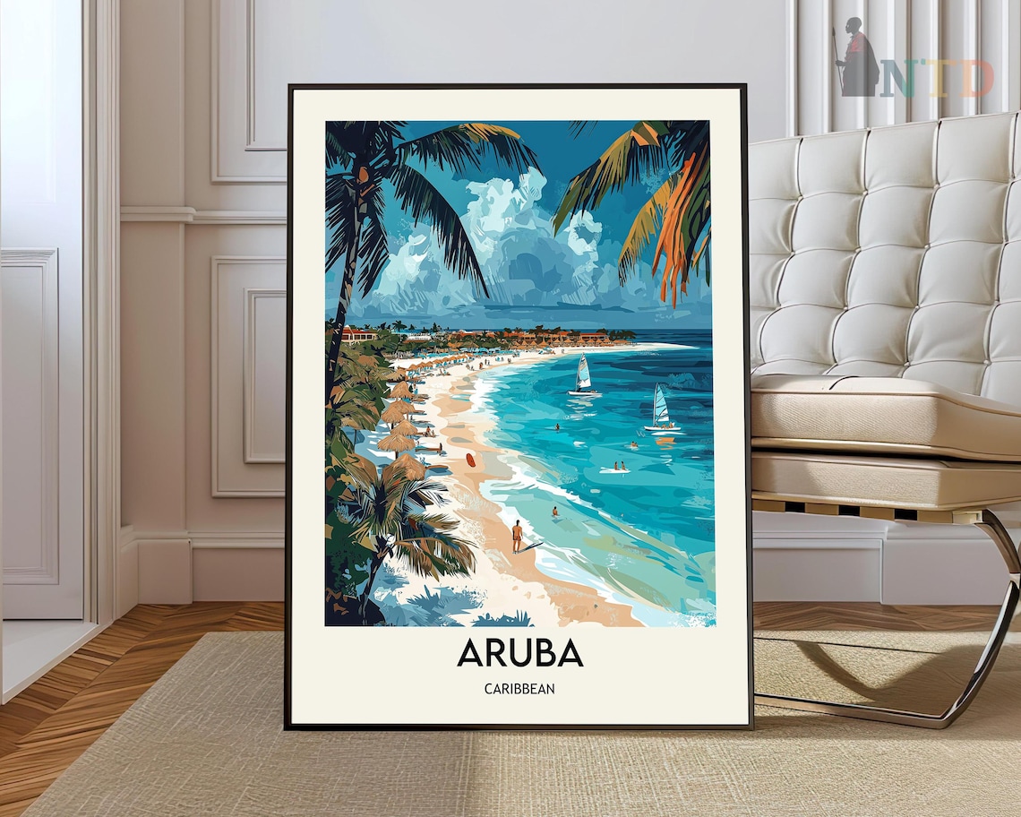 Aruba Caribbean Beach Sailboats and Beach Huts Tropical Travel Poster