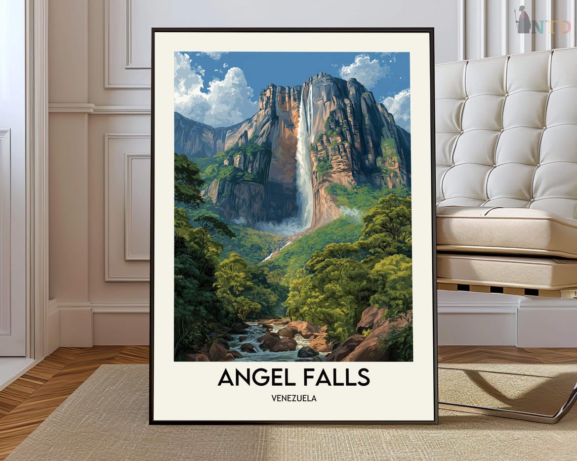 Angel Falls Venezuela Illustrated Waterfall Travel Art Poster