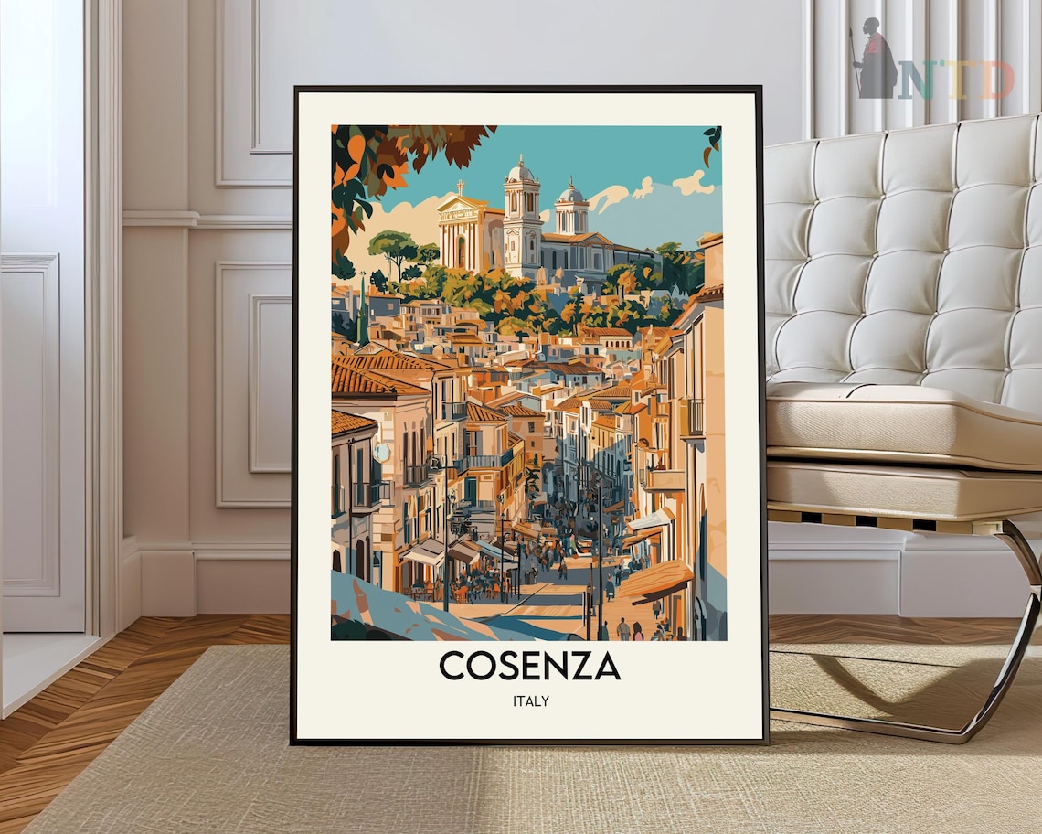 Cosenza Italy Travel Poster Hilltop Cathedral Twin Towers Town View