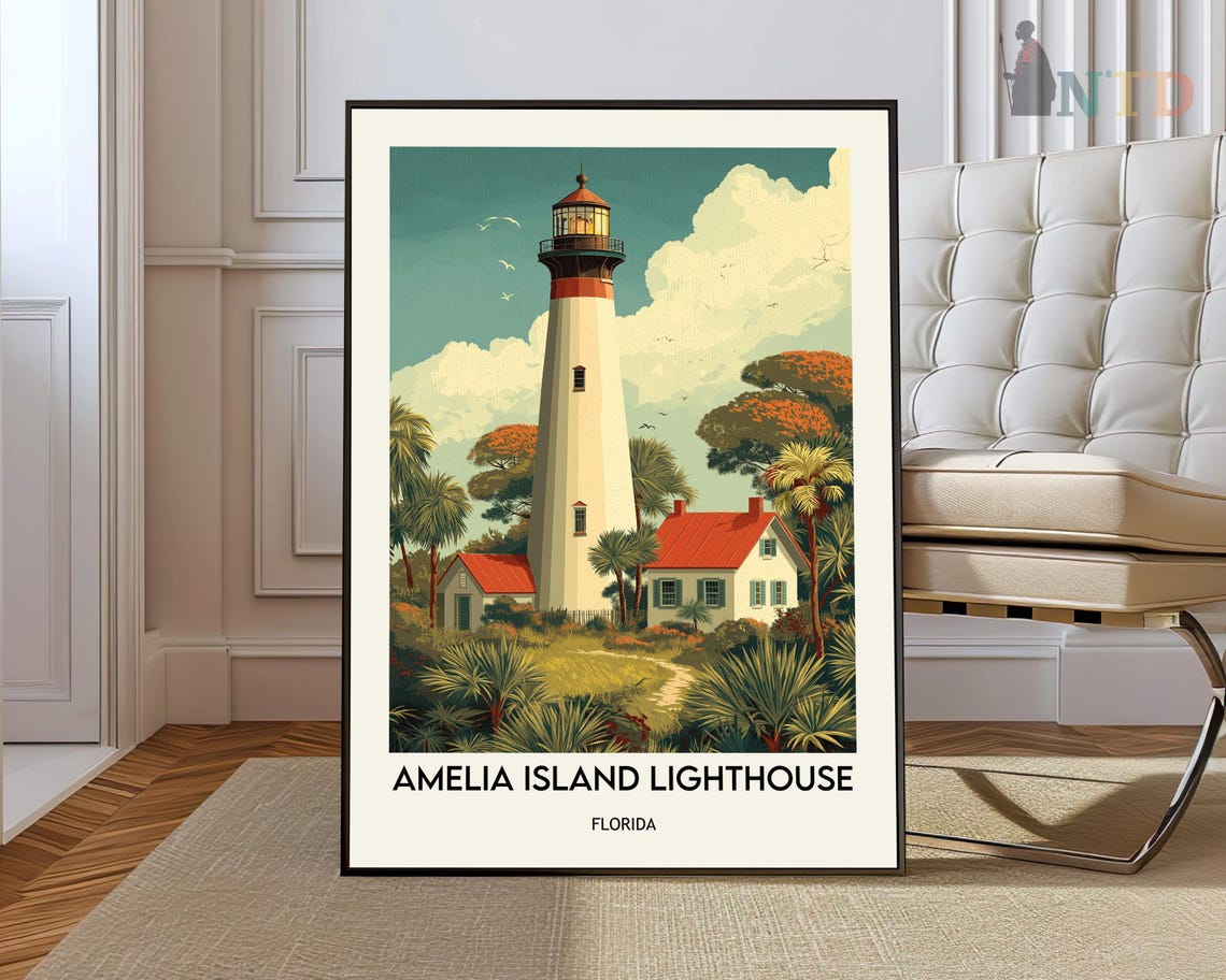 Amelia Island Lighthouse Red Roof Cottages Florida Travel Poster