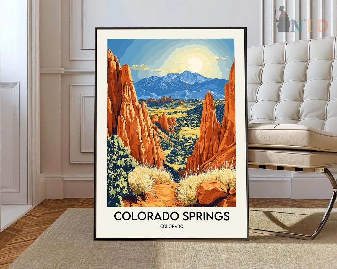 Colorado Springs Red Rock Formations Beneath the Snowy Peaks Poster
