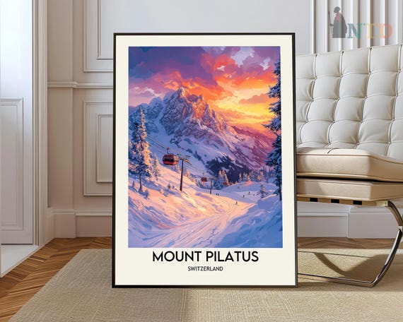 Mount Pilatus Travel Print Mountain Poster Swiss Art Switzerland Lover Gift Wall Hanging Home Decor Illustration