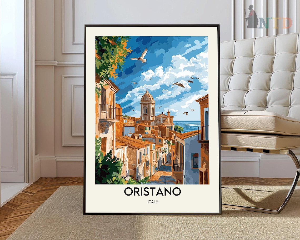 Oristano Italy Coastal Street To Church And Sea Travel Poster