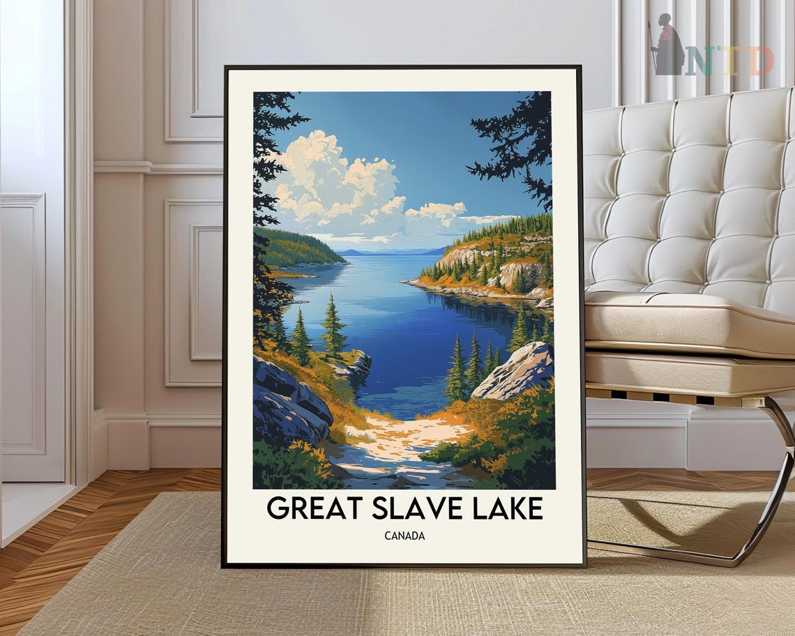 Great Slave Lake Canada Scenic Forest Shoreline Vintage Travel Poster