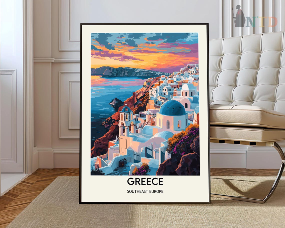Santorini Blue Domes Cliffside Village Greece Sunset Travel Poster