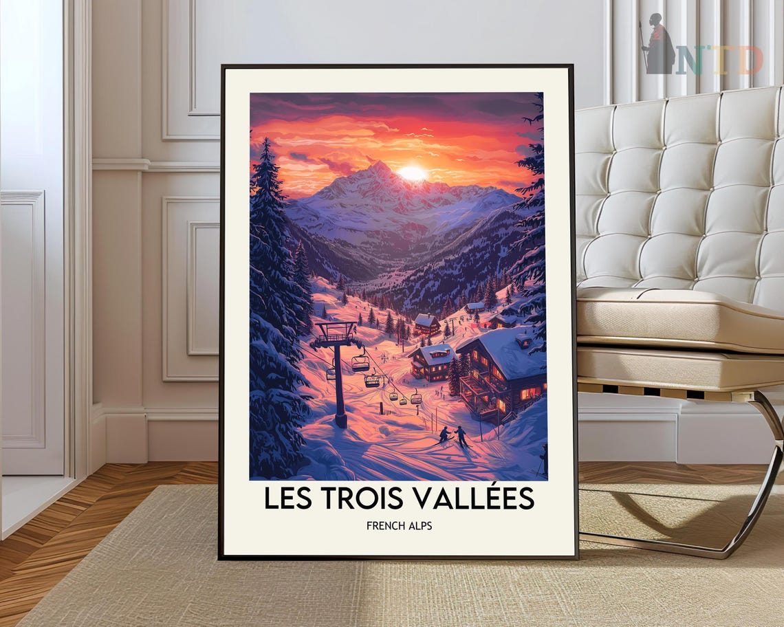 Les Trois Vallees French Alps Ski Resort Sunset Retro Travel Poster