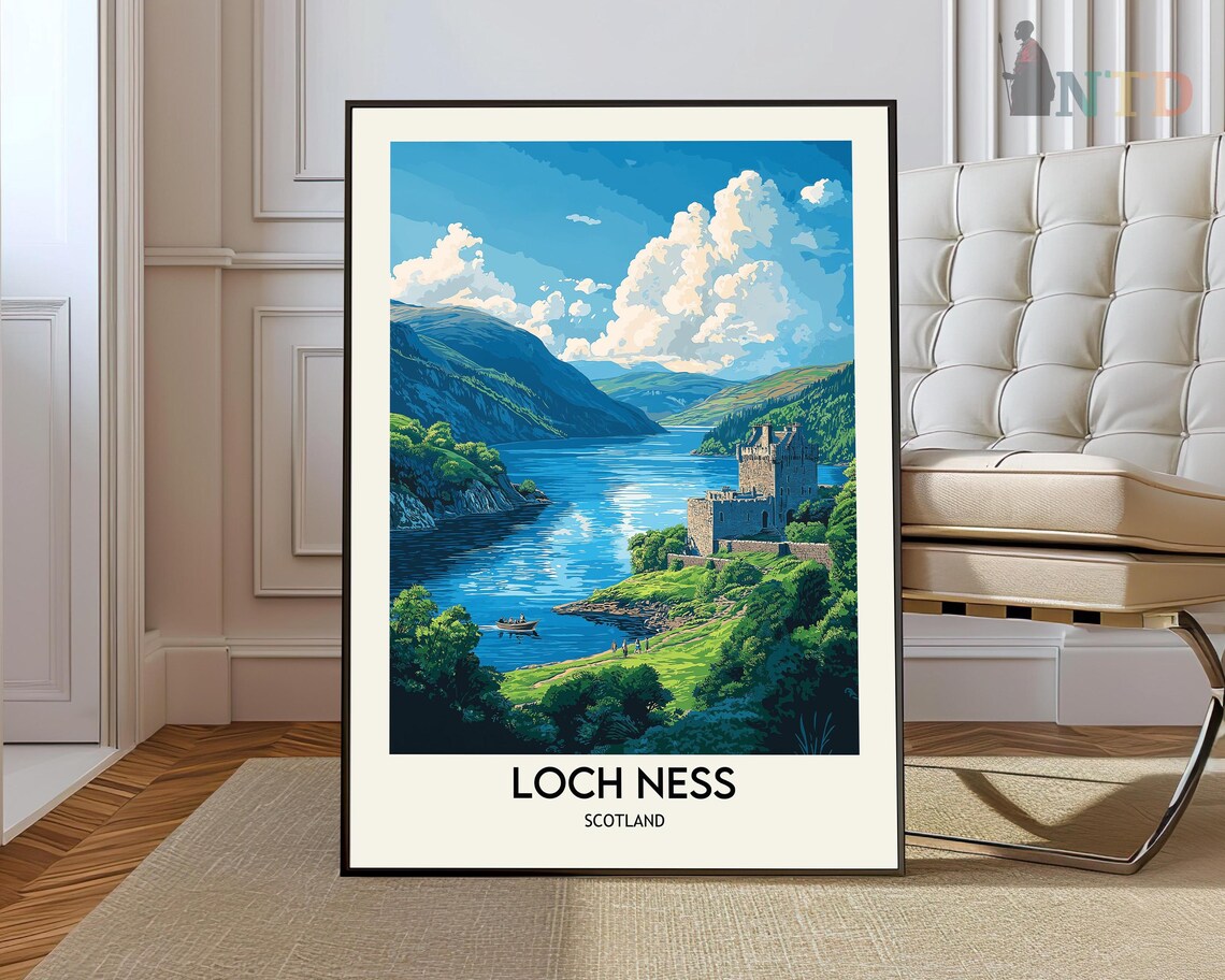 Loch Ness Scotland Urquhart Castle Bright Blue Water Travel Poster